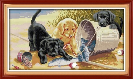 Korssting pakke - Tre hunde 56x33cm (Påtegnet)