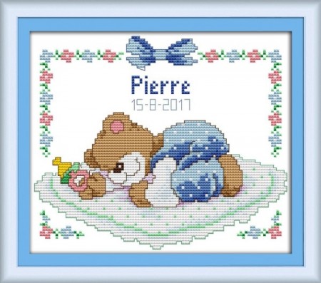 Korssting pakke - Sleeping baby bear (blå) 25x20cm