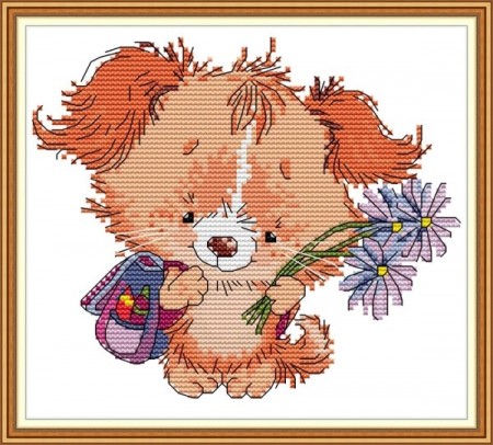 Korssting pakke - Hund med blomster 21x19cm (Påtegnet)