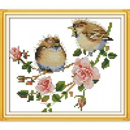 Korsstingpakke - Glade fugler 25x23cm (Påtegnet)