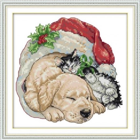 Korssting pakke - Christmas cat and dog 25x25cm (Påtegnet)