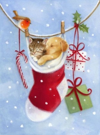 Diamond painting - Hund og katt i julesokk 40x40 cm