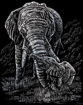 Skrape kunst - Elefant motiv på sølv folie