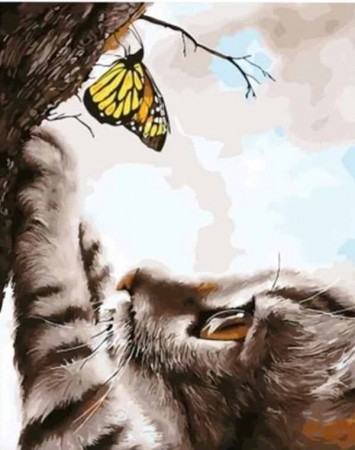 Paint By Numbers - Katt og gul sommerfugl 40x50cm
