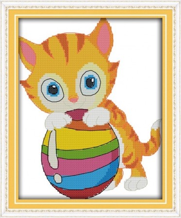 Korssting pakke - Katt leker med ball 19x26cm (Påtegnet)