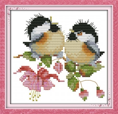 Korsstingpakke - Fugler på blomster 20x20cm (påtegnet)