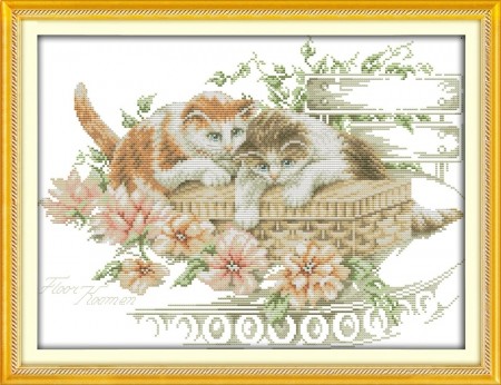 Korssting pakke - Blomster og katte 44x34cm