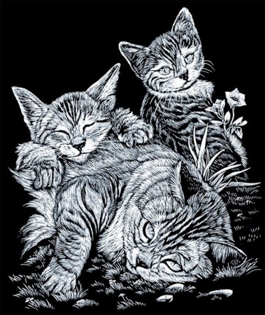 Skrape kunst - 3 katter motiv på sølv folie