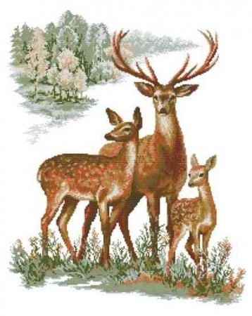 Korssting pakke -  Sika deer family 48x58 cm