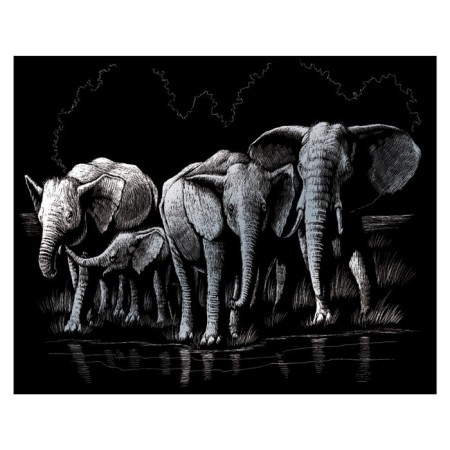 Skrapebilde - Elefantflokk på sølvfolie