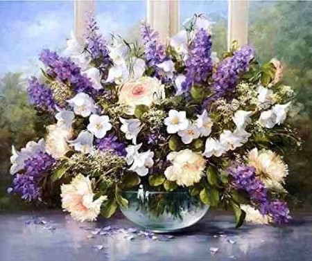 Diamond painting  - Lilla og hvite blomster 40x50 cm