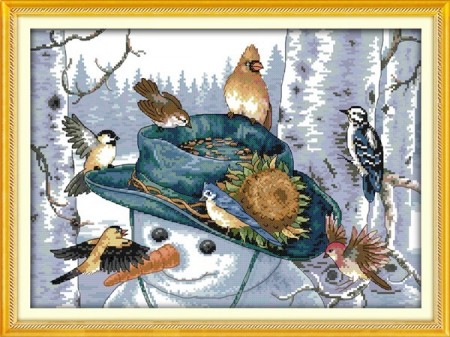 Korssting pakke - Fugler & snømann 44x33cm