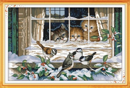 Broderipakke - Katter og fugler 54x37cm