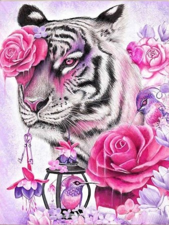 Diamond painting - Tiger og roser 40x50 cm
