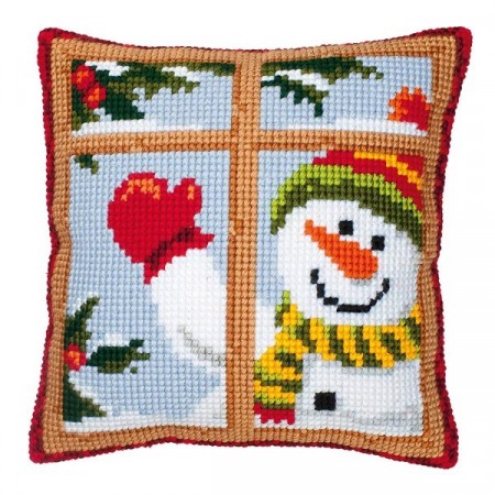 Korssting pute - Snømann i vindu 40x40cm