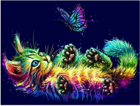 Diamond painting - regnbuefarget katt og sommerfugl 40x50 cm