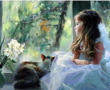 Paint By Numbers - Pike og katt 40x50cm (pt)