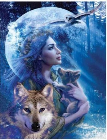 Paint By Numbers - Kvinne og ulver - blå 40x50cm
