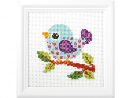 Broderisett med ramme - Fugl på gren 13x13cm