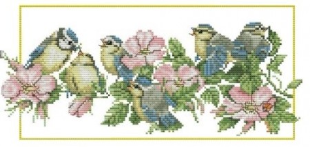 Korssting pakke - Fugler og blomster 48x24cm (Påtegnet)