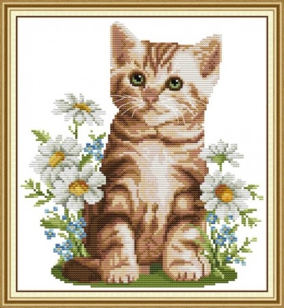 Korssting pakke - Katt og blomster 28x30cm (Påtegnet)