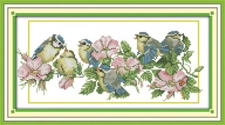 Korssting pakke - Fugler og blomster 37x19cm (Påtegnet)