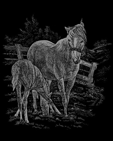 Skrape kunst - Hest med føl motiv på sølv folie.