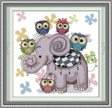 Korssting pakke - Elefant og Ugler 30x30cm (Påtegnet)