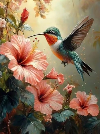 Diamond painting - Kolibri og hibiskusblomster 40x50cm
