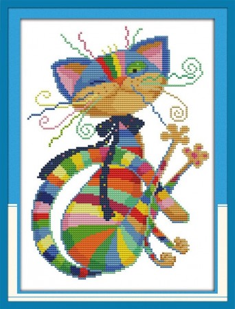 Korsstingpakke - Fargerik katt 25x33cm