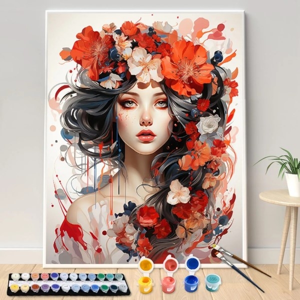 Paint by numbers - Kvinne med røde blomster 40x50cm
