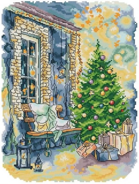 Korssting pakke - Christmas tree in front of the window 29x36cm (påtegnet) 14CT