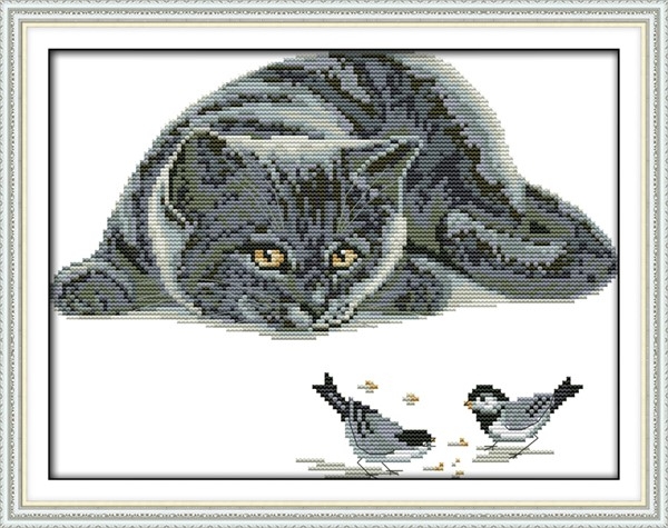 korssting - broderi pakke -  Katt og fugler