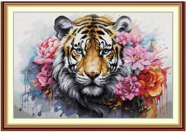 Korssting pakke - Tiger og blomster 62x44cm (påtegnet) 14CT