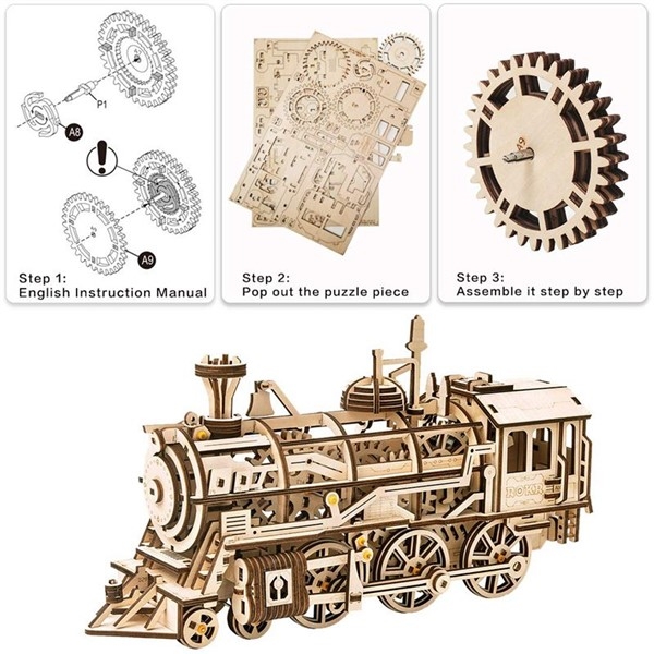 Lokomotiv - Byggesett i tre m/ mekaniske gir