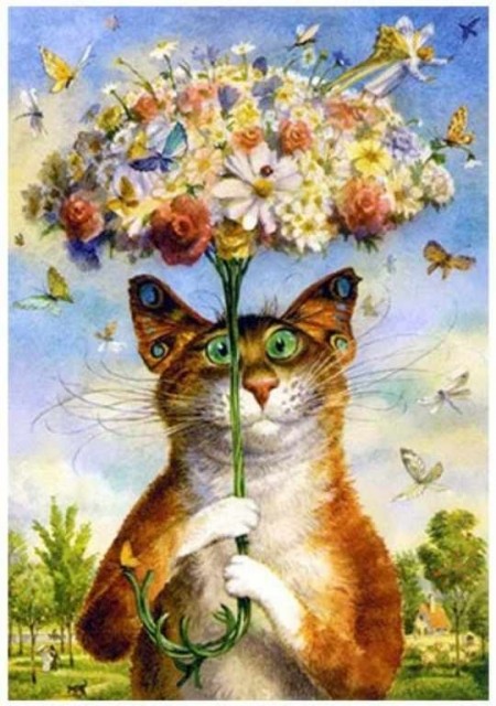 Korssting - broderipakke -  Katt med blomster