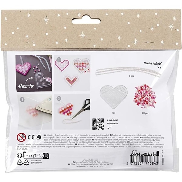 Rørperler - Julehjerter - rød, hvit, rosa