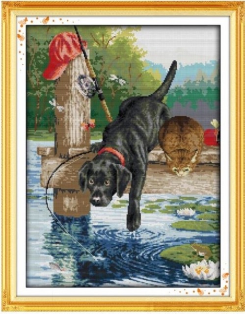 Korssting - broderipakke - A dog fishing