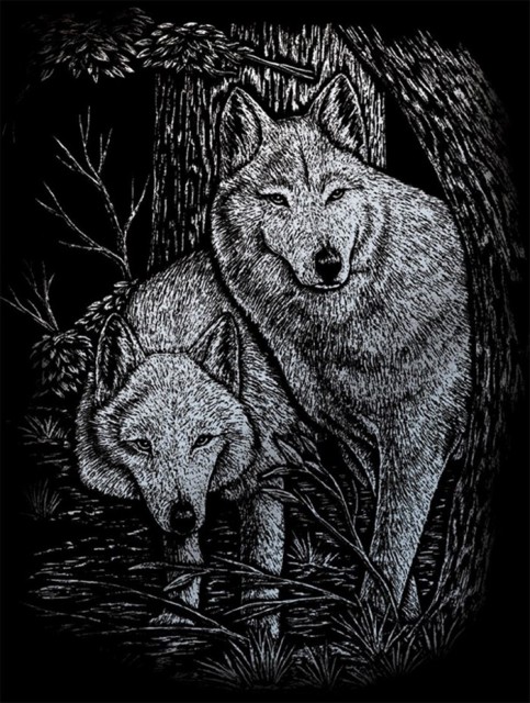 Skrapebilde motiv av ulv - Sølvfolie