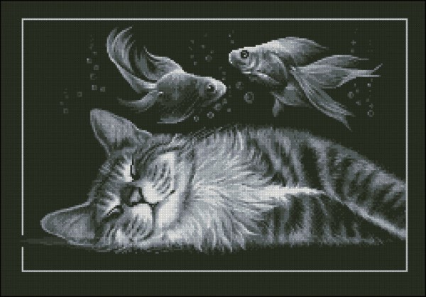 Korssting broderi - Svart bakgrunn 18 count - Katt og fisker
