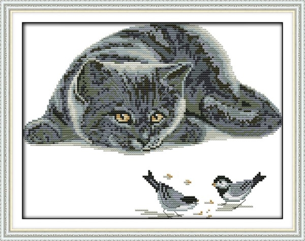 korssting - broderi pakke - Katt og fugler