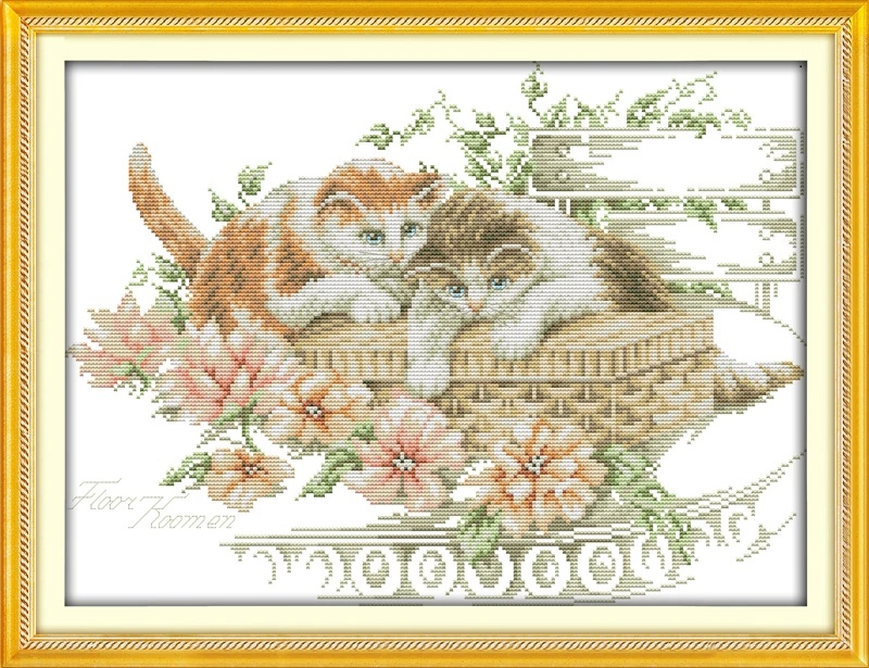 Korssting - broderipakke - blomster og katte