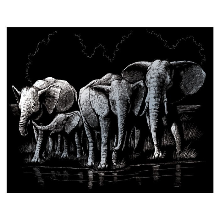 Skrapebilde sølvfolie - Elefantflokk