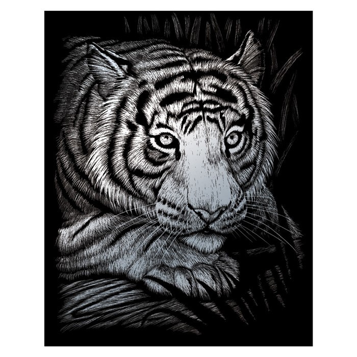 Skrapebilde - Hvit tiger på sølvfolie